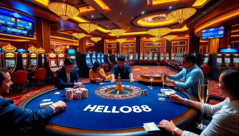 Exciting poker action at HELLO88 casino with vibrant chips and roulette.