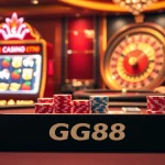 GG88 poker table with vibrant chips and cards, encapsulating the thrill of gambling.