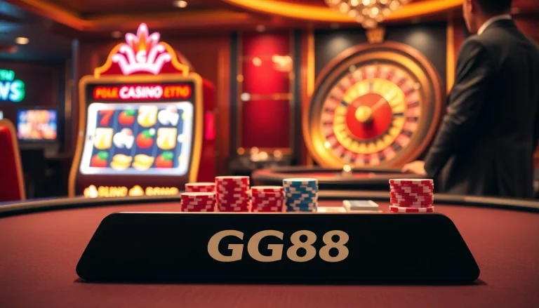 GG88 poker table with vibrant chips and cards, encapsulating the thrill of gambling.