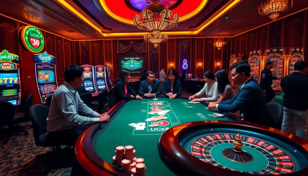 Luck8 players enjoying high-stakes poker and roulette at a luxurious casino.