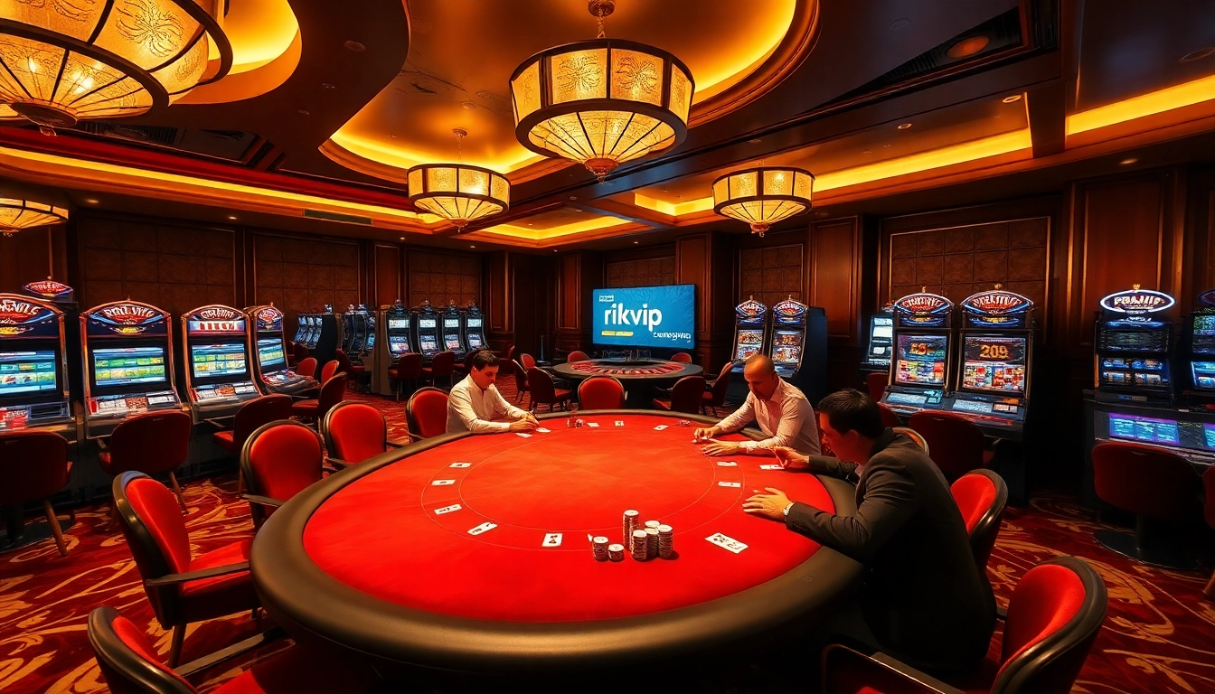 Experience thrilling gameplay at rikvip's premium poker table in an elegant casino setting.