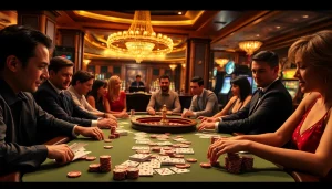 Players enjoying an exciting poker game at BL555 casino, showcasing chips and cards.