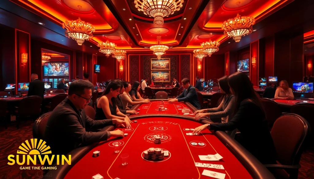 SUNWIN gaming scene showing players at casino tables with luxurious decor and vibrant atmosphere