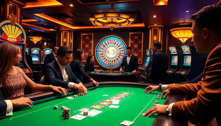 KJC themed casino scene with players at a luxury table, showcasing excitement and vibrant gambling elements.