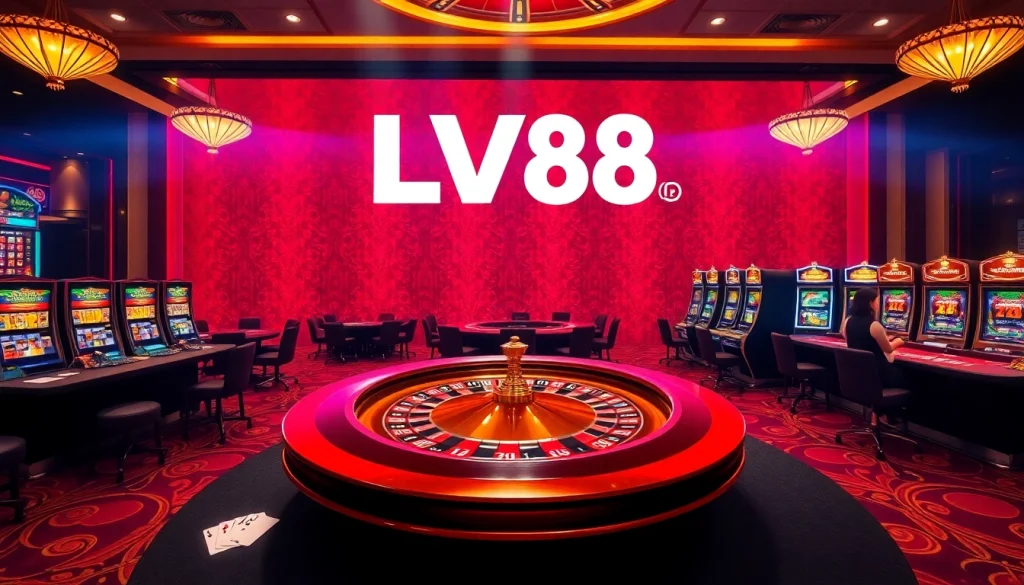 Experience thrilling gameplay at LV88 casino with vibrant slot machines and an elegant poker table.