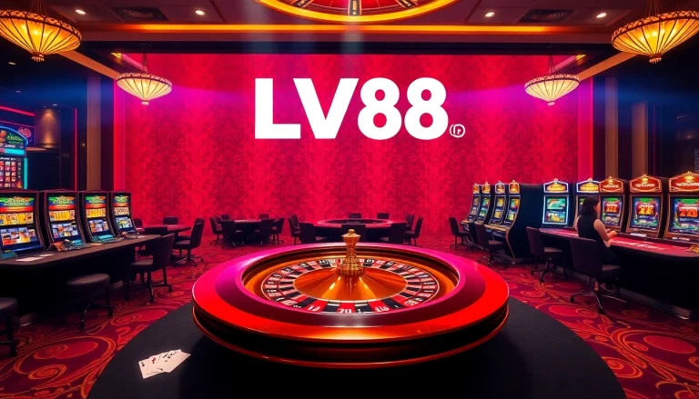 Experience thrilling gameplay at LV88 casino with vibrant slot machines and an elegant poker table.