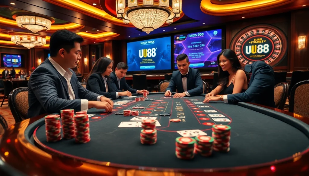 Exciting casino atmosphere with players at uu88 poker table, vibrant lights, and high-stakes action.