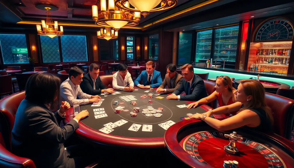X88 poker players strategizing at a luxurious casino table with shimmering chips and elegant ambiance.