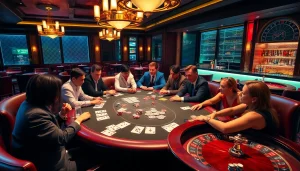 X88 poker players strategizing at a luxurious casino table with shimmering chips and elegant ambiance.