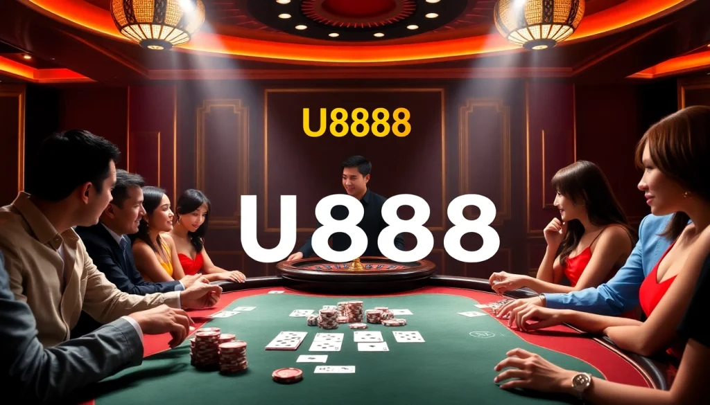 Players enjoying a thrilling poker game at U8888 online casino with vibrant atmosphere.