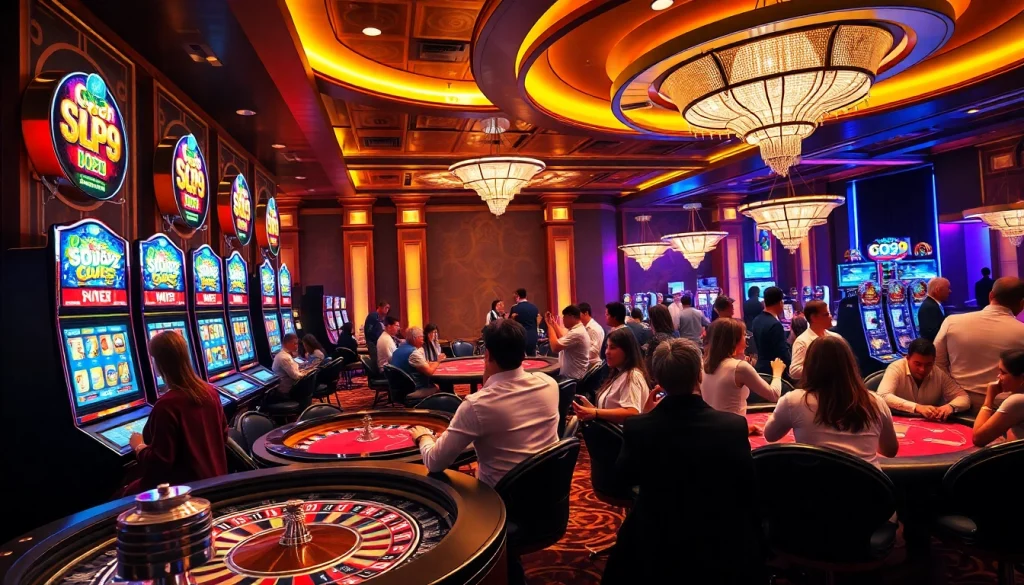 Players celebrating a win at Go99's vibrant casino, showcasing excitement and luxury.