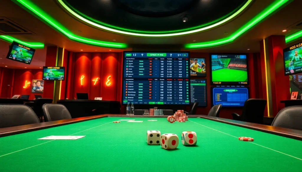 Kèo Bóng Đá betting scene in a luxe casino environment, showcasing excitement with odds boards and betting slips.