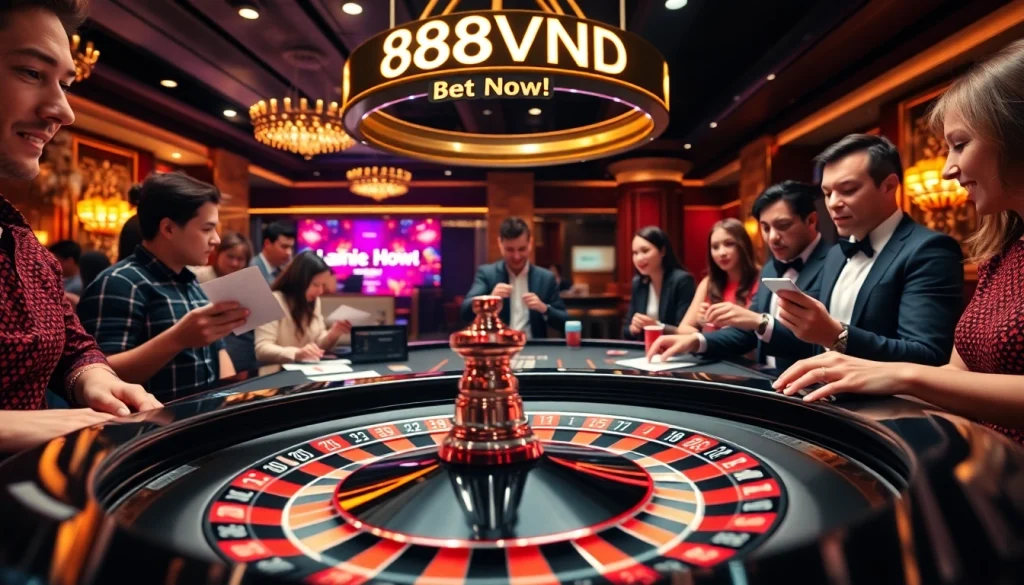 Experience the thrill of gambling at 888vnd with players at an elegant roulette table.