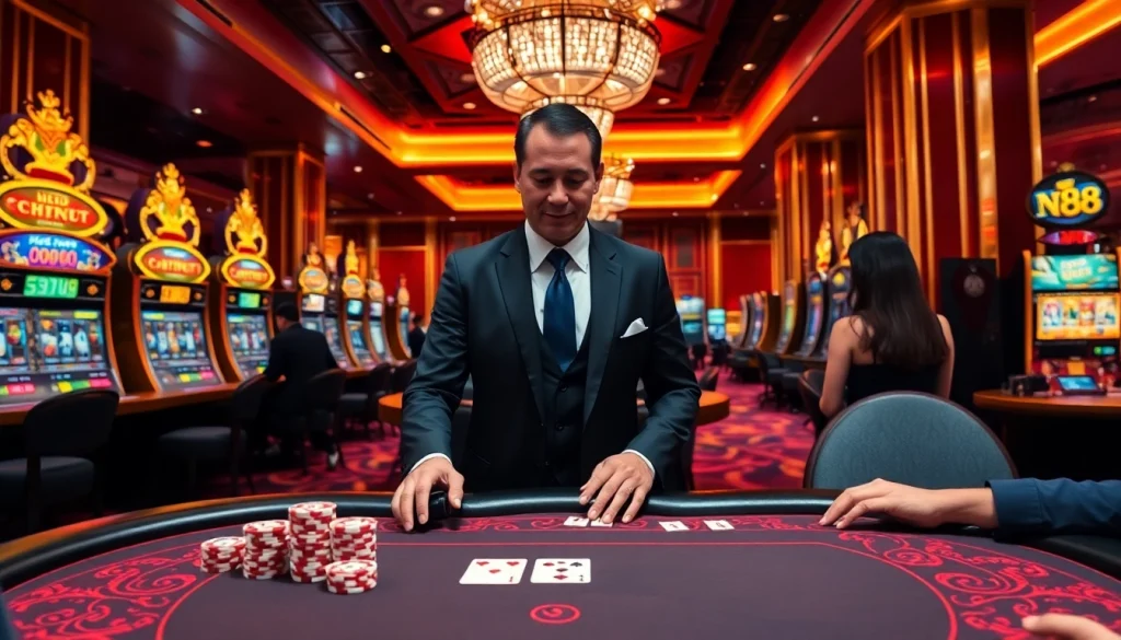 Experience the thrilling atmosphere of NK88 casino with high-stakes poker and vibrant slot machines.