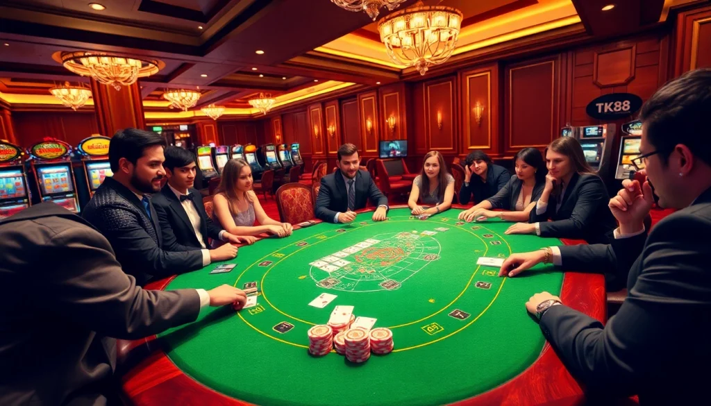Experience the excitement of casino gaming at TK88 with live dealer poker and vibrant atmosphere.