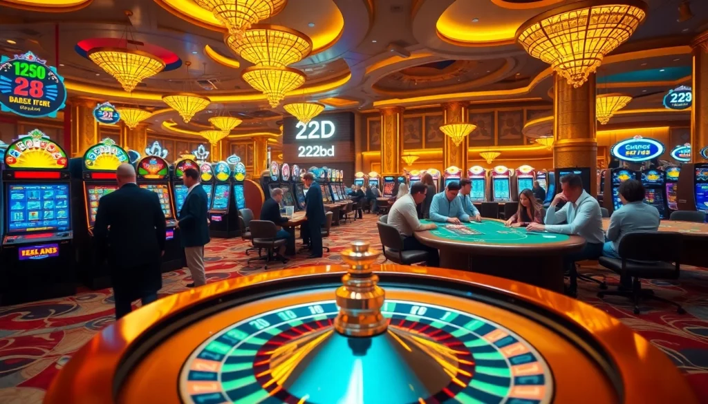 Players enjoying a lively casino experience at 222bd with vibrant slot machines and roulette tables.