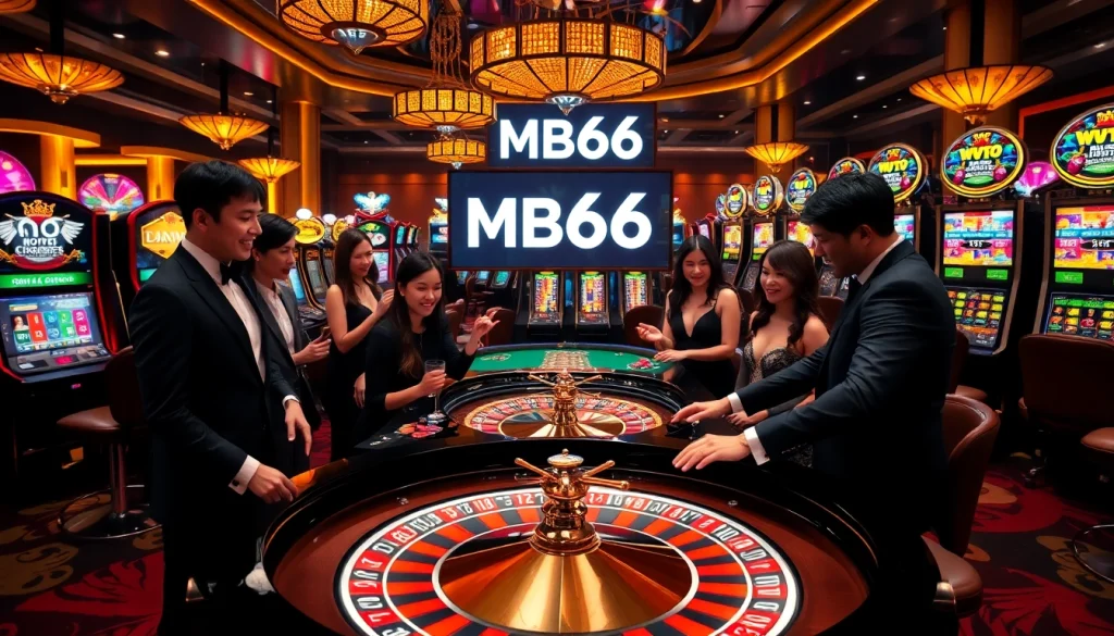 Players celebrating wins at the MB66 casino, surrounded by a vibrant roulette table and dazzling slot machines.