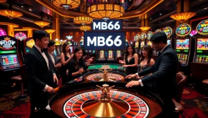 Players celebrating wins at the MB66 casino, surrounded by a vibrant roulette table and dazzling slot machines.