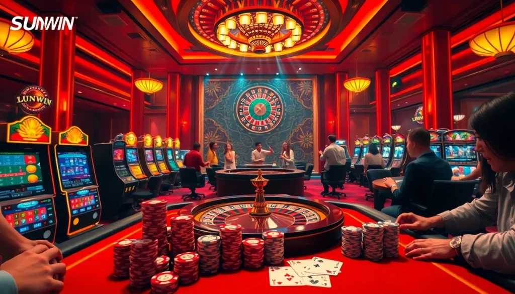 SUNWIN players enjoy a thrilling evening at the casino with vibrant slot machines and poker tables.