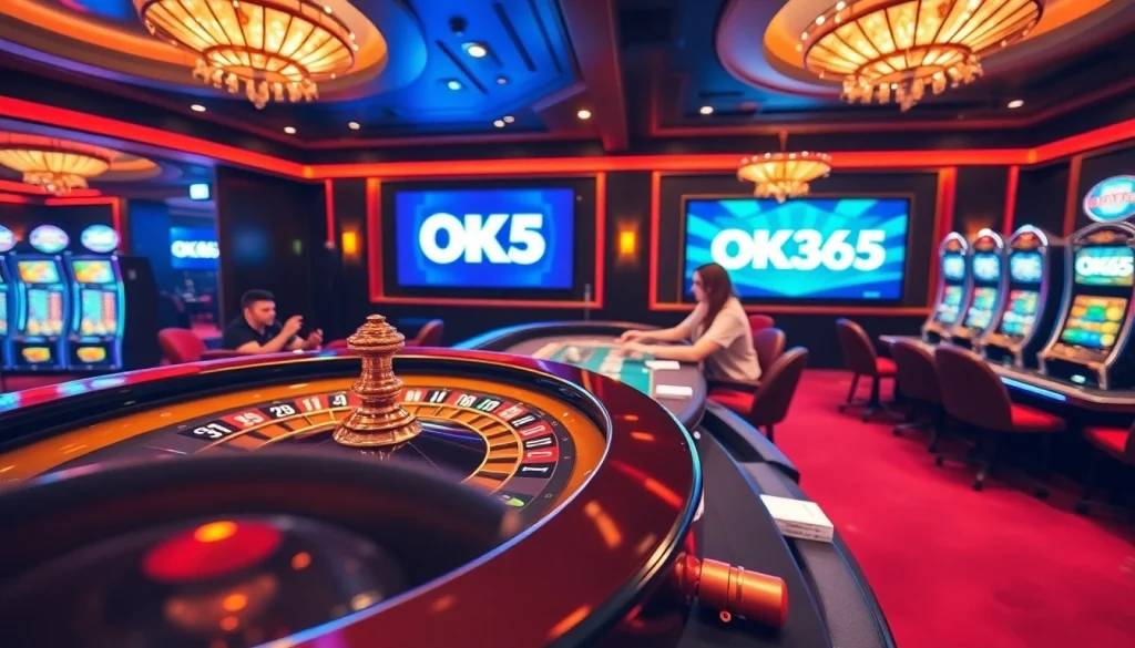 Players enjoying games at a luxurious casino environment featuring OK365 signage.