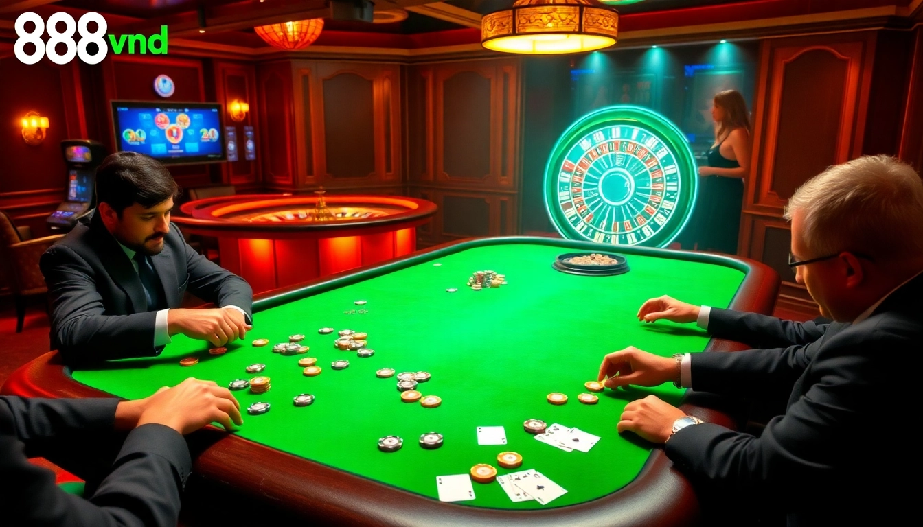 A high-stakes poker scene depicting players and chips, illustrating the excitement of 888vnd gambling.