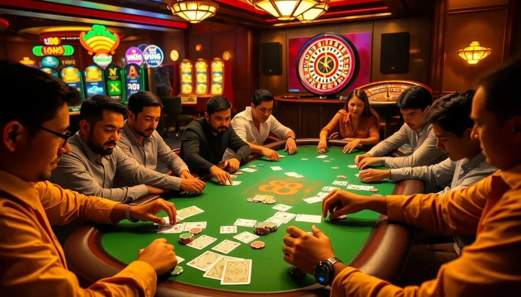 Engaging poker game at a casino featuring u88 branding, vibrant chips, and intense players.