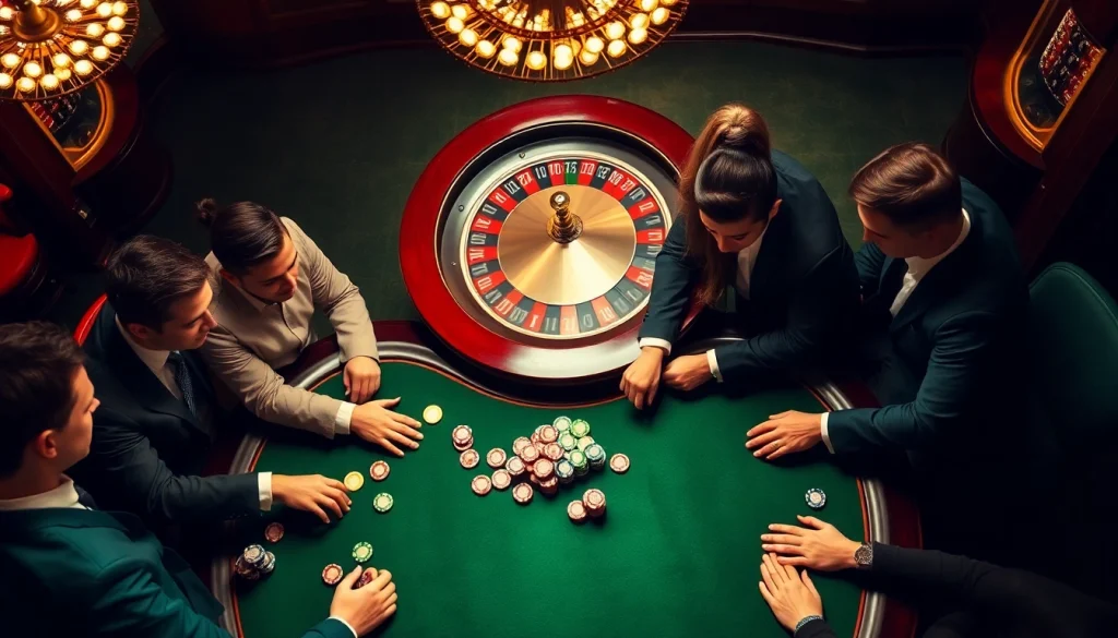 KJC players strategizing at a luxury casino table with cards and chips.
