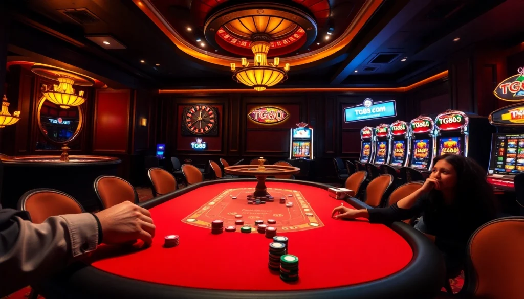 Excited players engaging in a poker game at tg88. com casino, surrounded by vibrant slot machines and roulette.