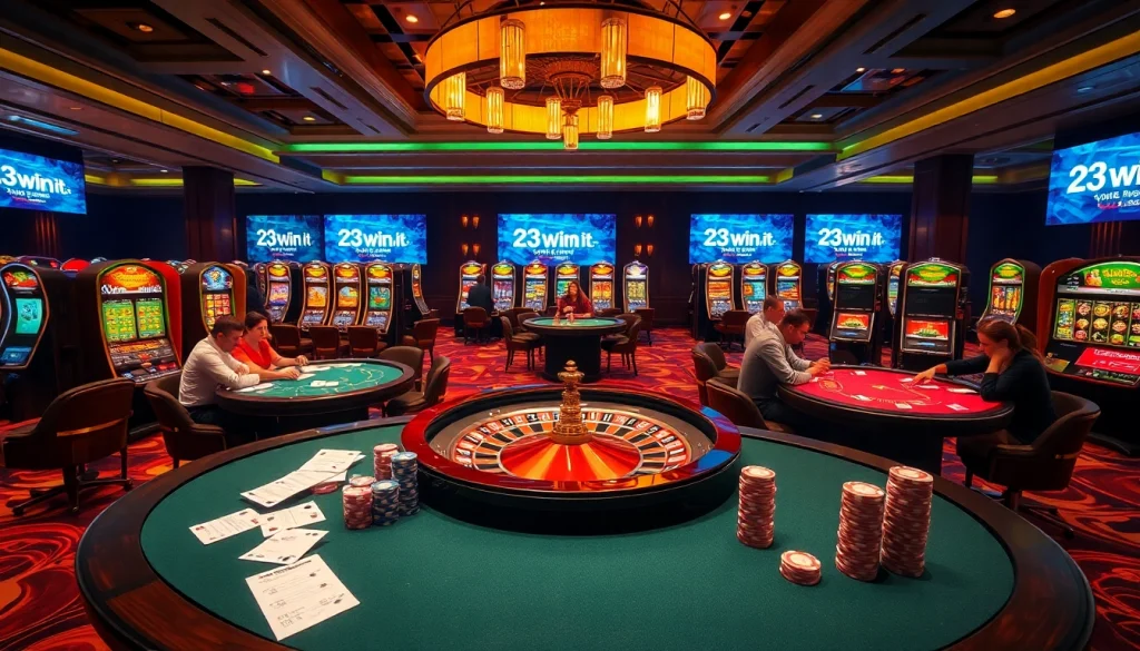 Engage with thrilling gameplay on 23win1.it.com at vibrant casino tables featuring cards and chips.
