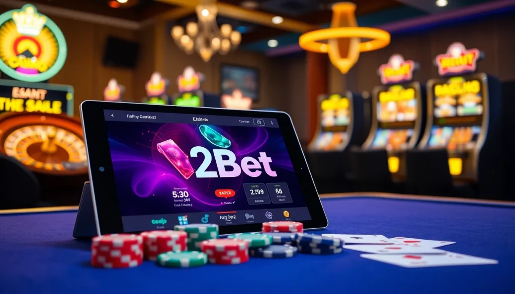 E2Bet online casino scene showcasing poker chips and a roulette wheel in an elegant setting.