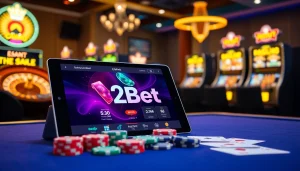 E2Bet online casino scene showcasing poker chips and a roulette wheel in an elegant setting.