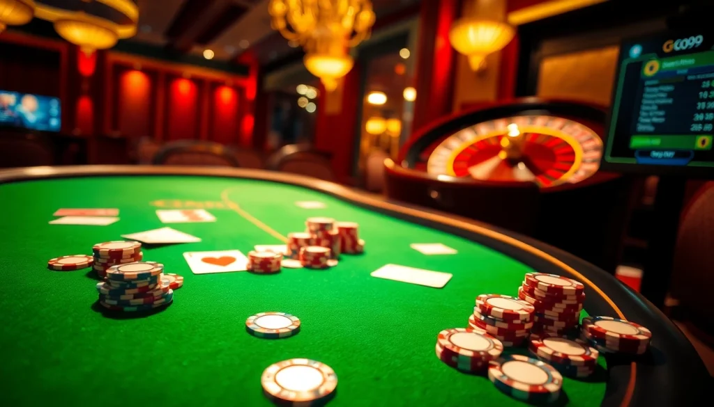 Experience the excitement of Go99 with an elegant poker table and vibrant casino atmosphere.