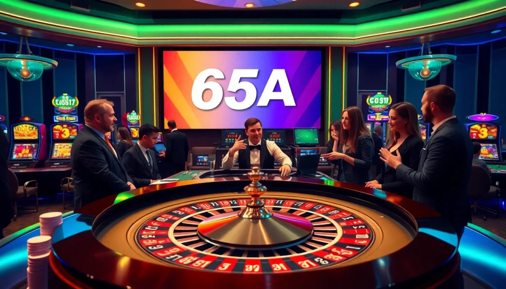 Players engaging around the 65A roulette table, surrounded by vibrant casino elements, embodying excitement and luxury.