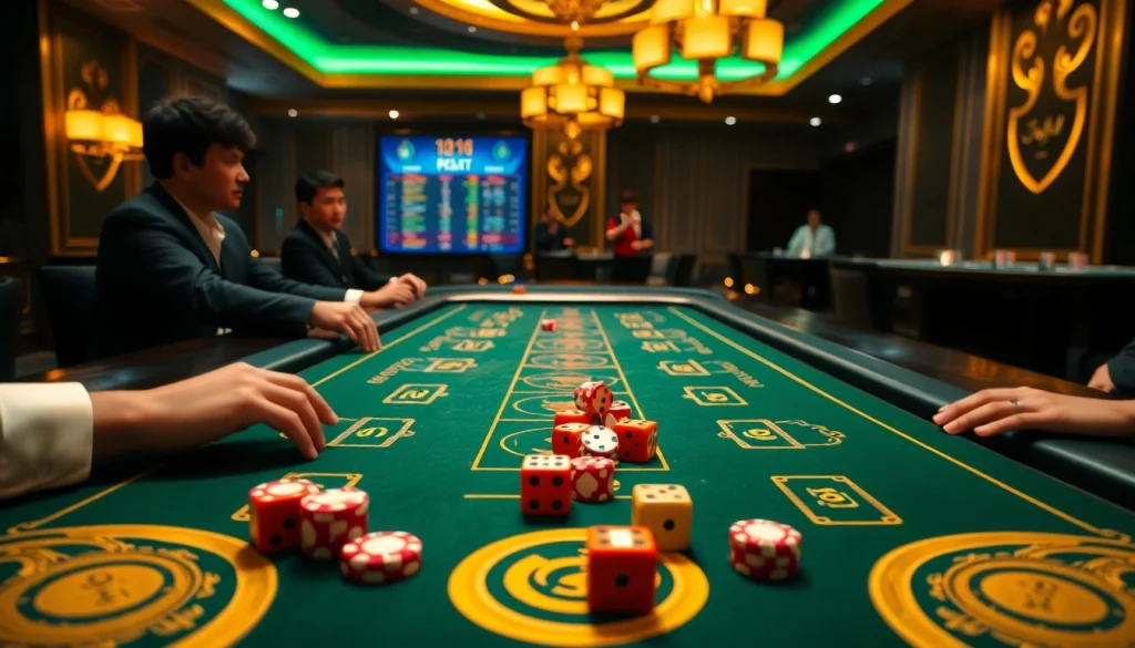 Tài xỉu md5 game featuring vibrant dice rolls and colorful poker chips in a luxury casino setting.