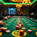 Tài xỉu md5 game featuring vibrant dice rolls and colorful poker chips in a luxury casino setting.