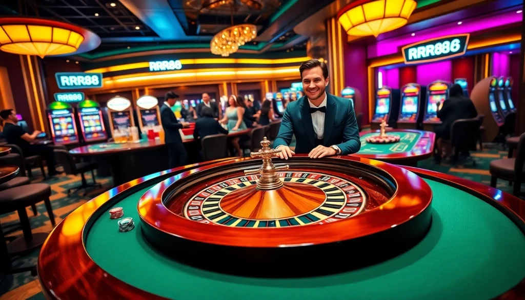 Excited players enjoying the thrilling RR88 casino experience at a roulette table, with colorful chips and vibrant atmosphere.