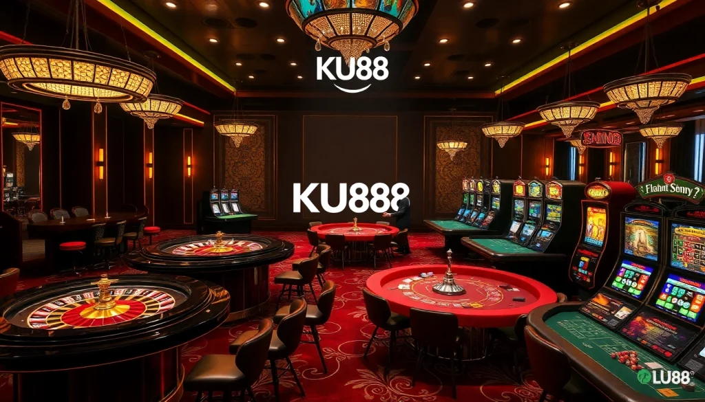 Engaging scene of gambling excitement at KU88 casino with tables, roulette, and vibrant slot machines.