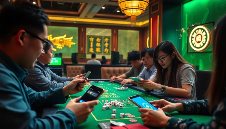 Exciting scene of players engaging in Game Tài Xỉu online, showcasing vibrant dice and user interfaces.