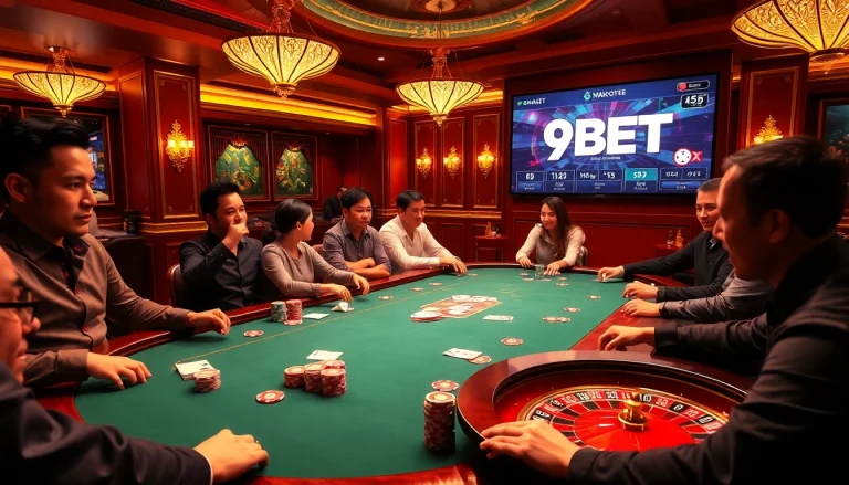 Players engaging in high-stakes poker at Nhà cái 9BET, surrounded by vibrant casino elements.
