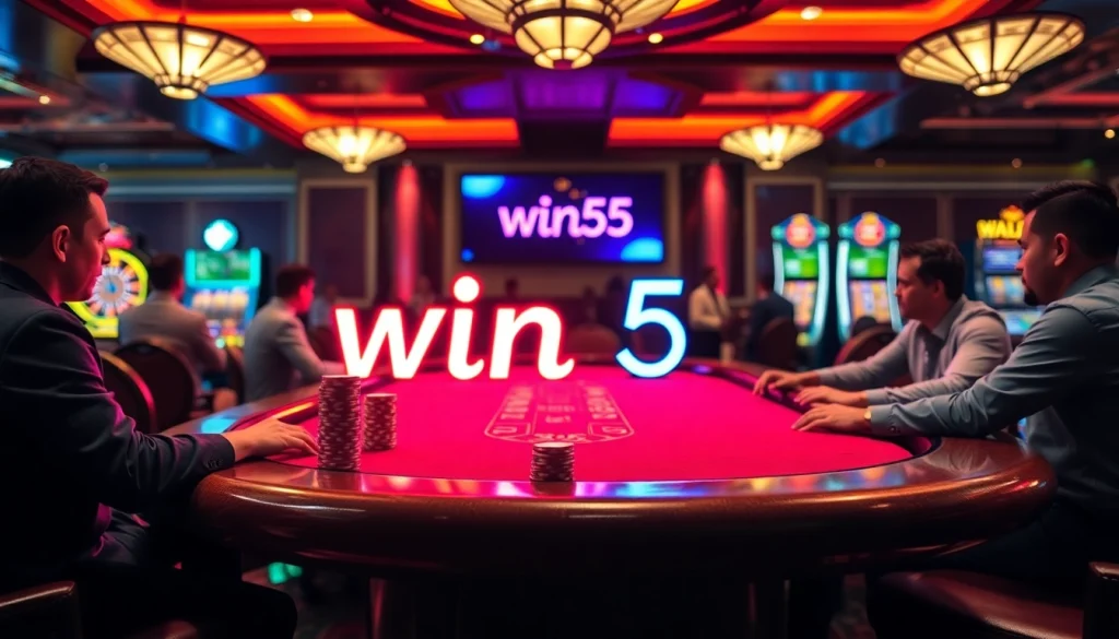 Play exciting poker with win55 on the vibrant casino table filled with colorful chips.