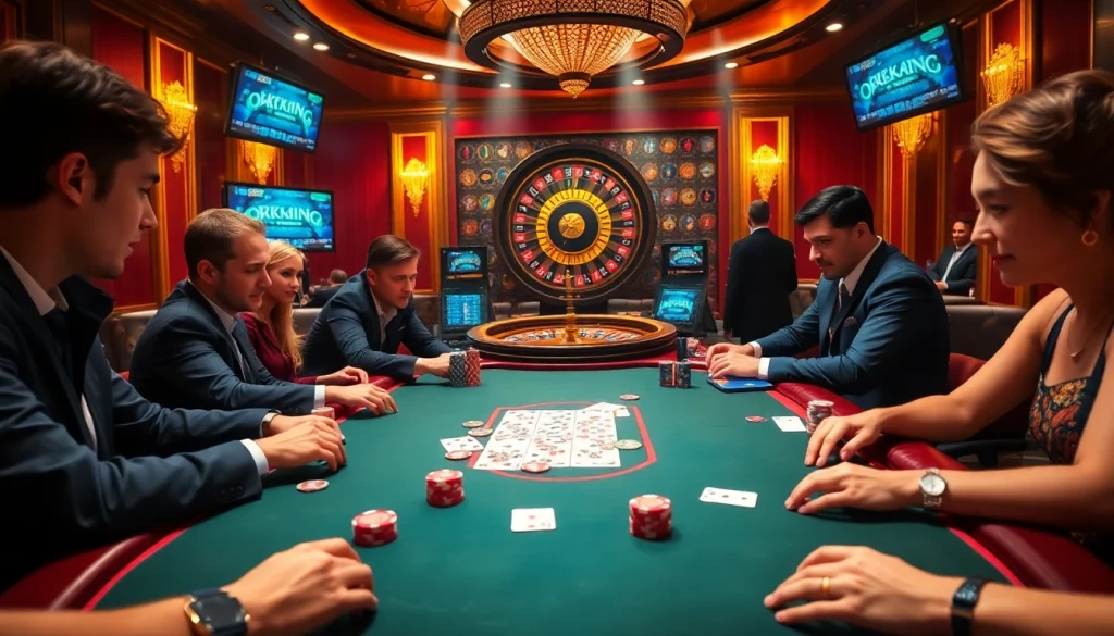 Experience the excitement of okking with players engaged in a thrilling poker game at a luxurious casino.