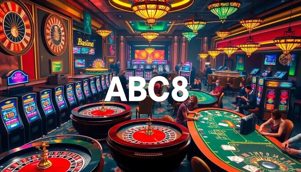 Experience thrilling casino action featuring ABC8 gaming elements with vibrant slot machines and poker tables.