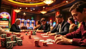 Engaged players in a high-stakes poker game at http://fabet0.com/, showcasing excitement and luxury.