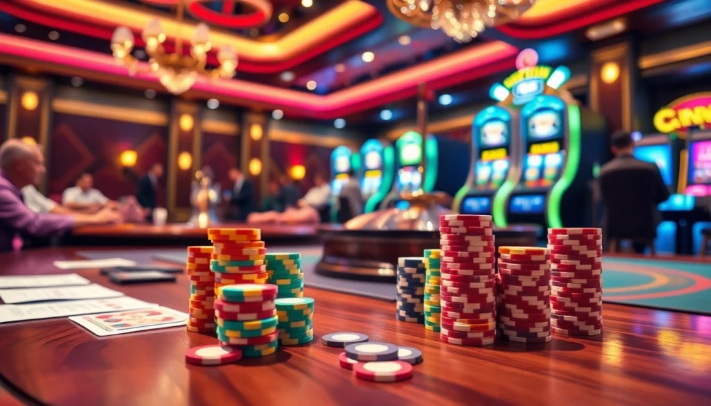 Join the excitement at https://rikvip.talk/ with vibrant poker chips and a spinning roulette wheel.
