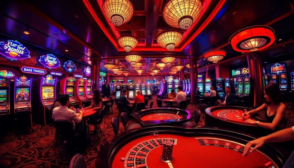Players enjoying thrilling games at UU88's vibrant casino, showcasing excitement and luxury.