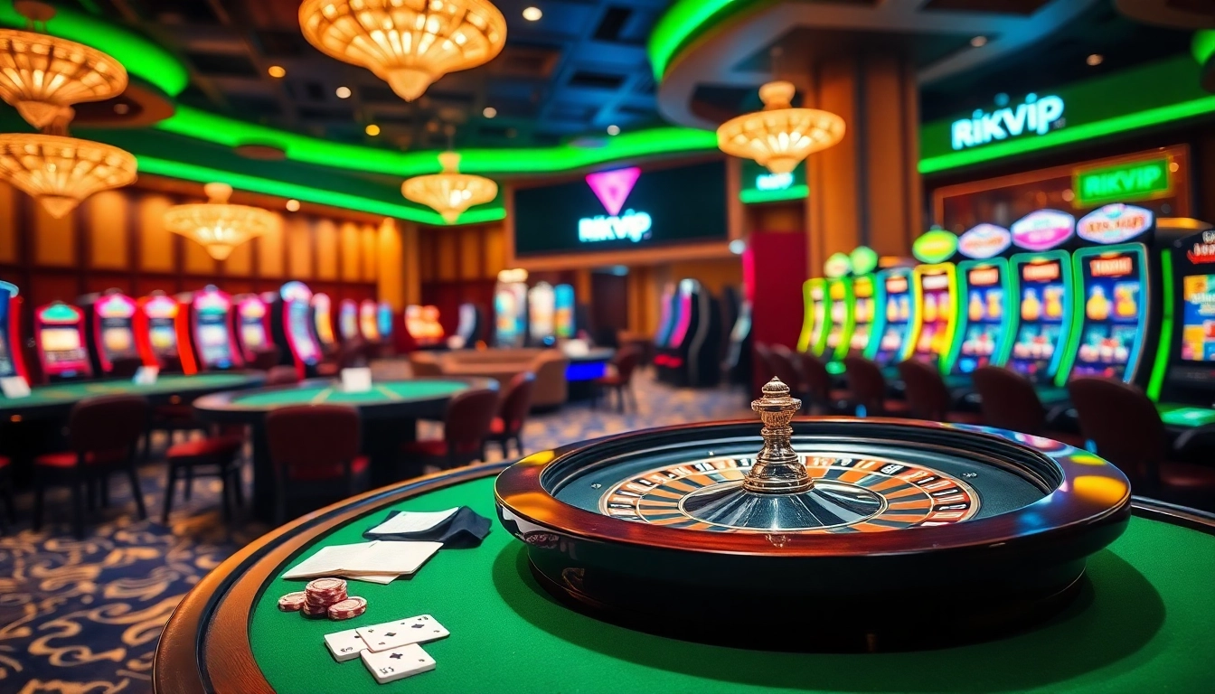 Experience the excitement of Rikvip with vibrant betting tables and casino elements.