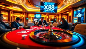 X88 poker players strategizing at a luxurious casino table filled with chips and cards.