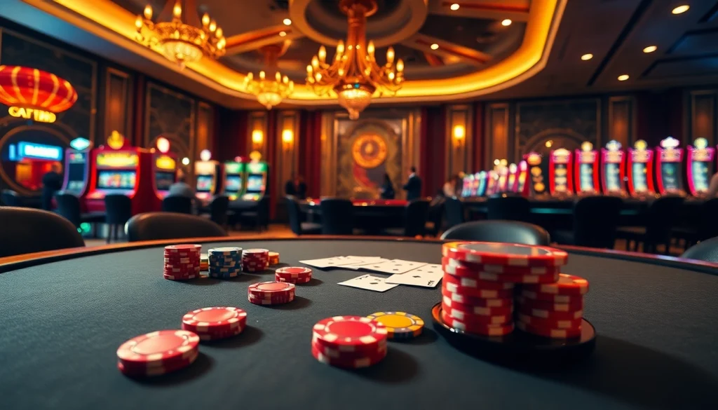 Players enjoying a lively poker game at a luxurious casino featuring tr88 elements.