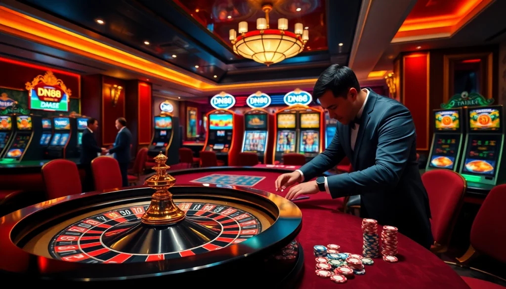 Experience the thrill of DN88 with luxurious casino gaming, vibrant roulette, and stacked poker chips.