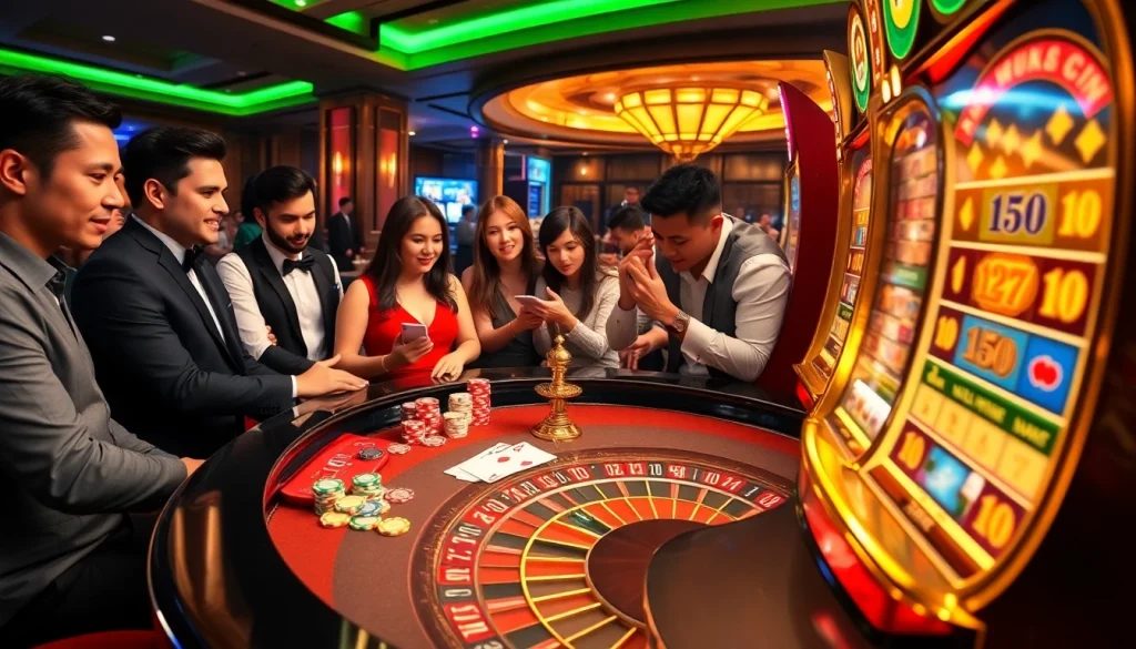 Excited players enjoying a vibrant gambling scene at LC88 casino with roulette and poker games.
